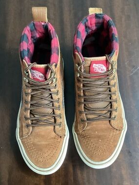 Vans Brown Suede High-Top Sneakers with Red Plaid Lining W 7.5 M 6